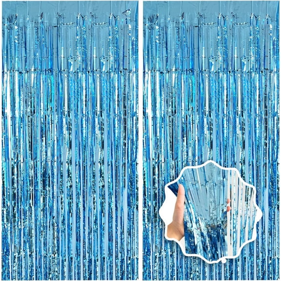 Blue Streamers Party Decorations 3.3x8.2ft 2 Pack Light Tinsel Foil Fe Curtain Backdrop Ocean Themed Decor Photo Booth Props for Birthday Baby Shower Bachelorette Door Hanging Wedding