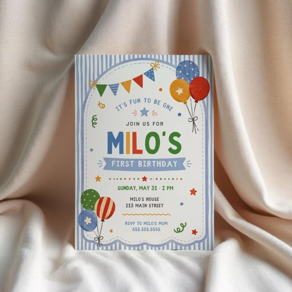 Blue Stripe Birthday Balloon Bunting Invitation Wall Art Decor Unframed Paper Print
