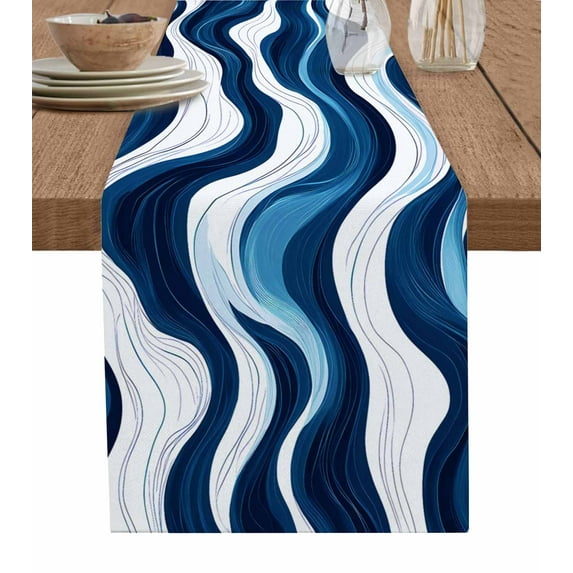 Blue Stripe Burlap Cotton Table Runner 13x90 Inches Long, Geometric White Coastal Wave Modern Ocean Farmhouse Table Runners, Outdoor Dining Tablecloths Decor for Baby Shower/Party/Wedding