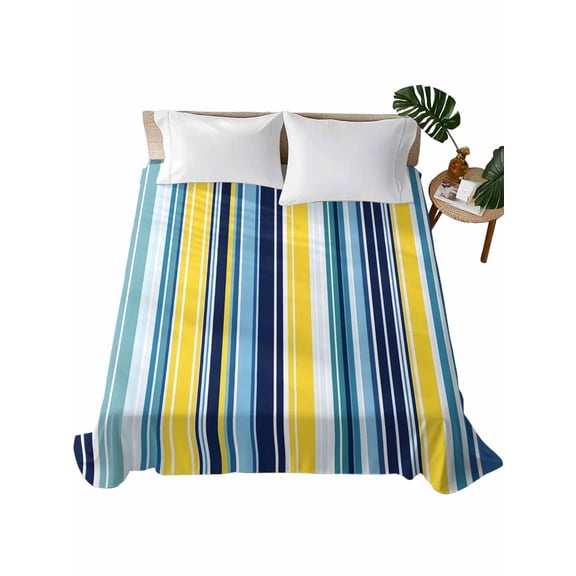 Blue Stripe Flat Sheet Only Twin Size, Soft Breathable Bed Top Sheets for Mattress, Yellow Colorful Striped Modern Abstract Luxury Bedding Flat Sheets for Home Hotel Bedroom Bed Protection
