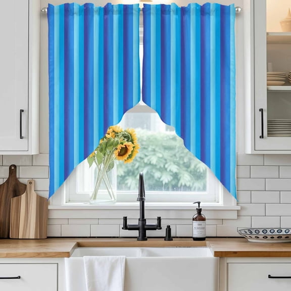 Blue Stripe Gradient Swag Curtain Valance for Windows, Vertical Striped Modern Minimalist Art Window Treatments Short Swag Topper for Kitchen Windows Bathroom Bedroom, 36"x36"