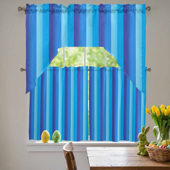 Blue Stripe Gradient Swag Curtains Valance & Tier Set, Vertical Striped Modern Minimalist Art 3 Pcs Set Kitchen Swag Valances and Tiers 36 Inch Length Rod Pocket Curtain Drapes for Bedroom