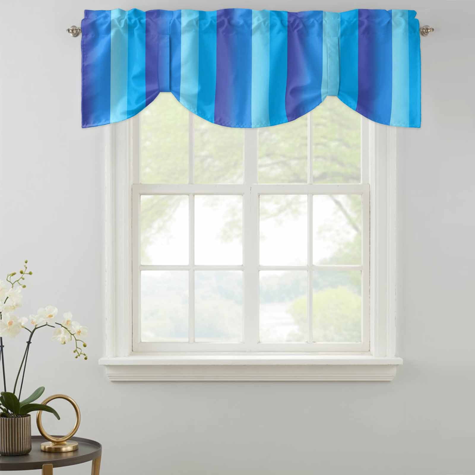 Blue Stripe Gradient Tie Up Valances Curtain, Vertical Striped Modern