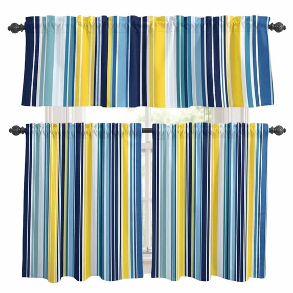 Blue Stripe Kitchen Curtains Sets for Windows 24 Inch Length, Yellow Colorful Striped Modern Abstract Rod Pocket Window Treatments Tier Curtains and Valances Set for Bedroom/Bathroom