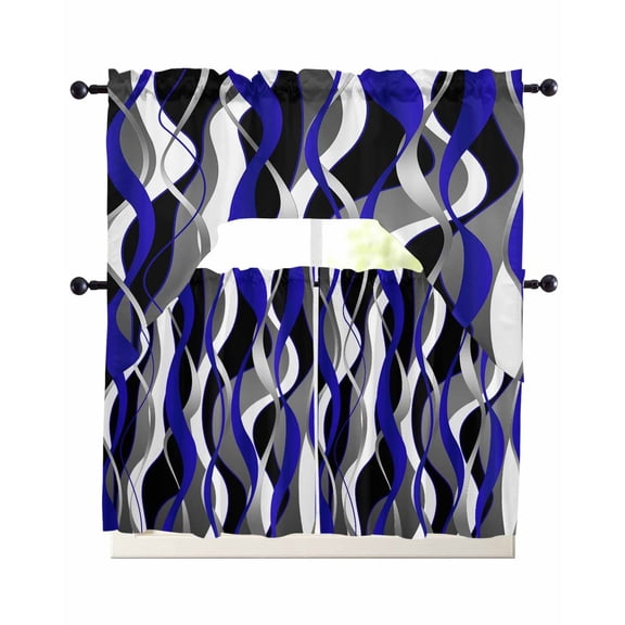 Blue Stripe Kitchen Curtains Swag Valance and Tier Curtains Set 24 Inch Length, Ombre Grey Moire Geometric Modern Abstract Rod Pocket Drape Panels Pair Swag Curtain for Bathroom/Cafe/Window