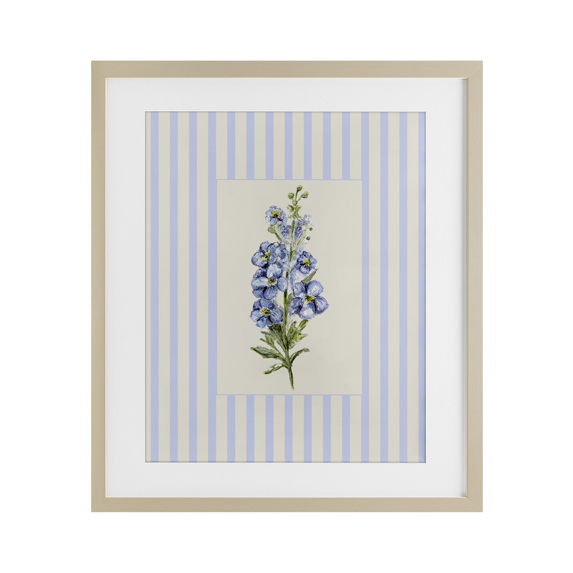 Blue Stripe Larkspur Birch Framed Print Under Glass, design by Lisa Wehmeyer