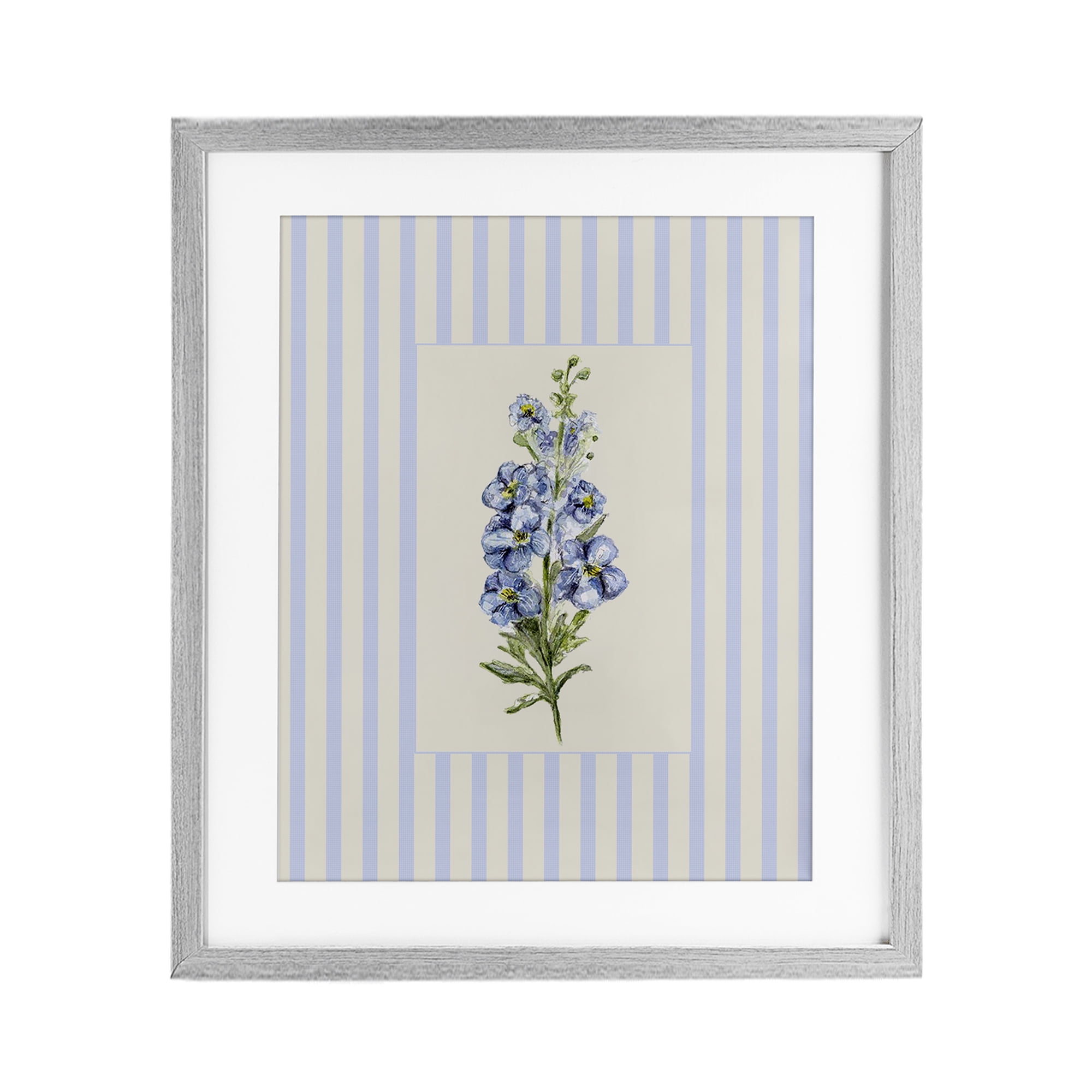 Blue Stripe Larkspur Gray Framed Print Under Glass, design by Lisa Wehmeyer