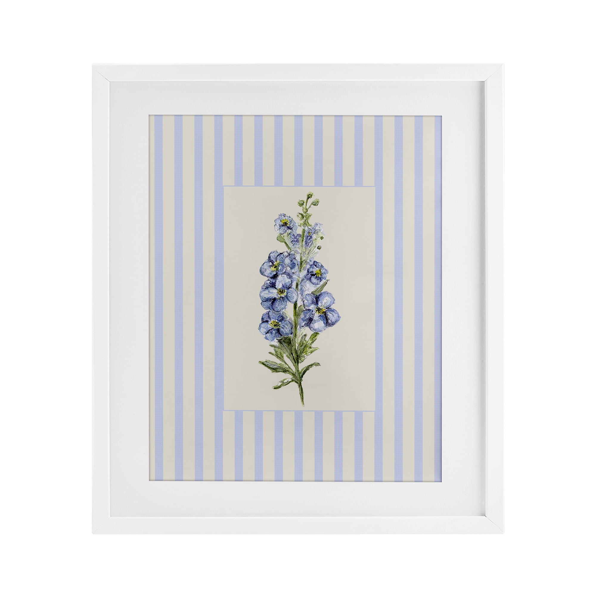 Blue Stripe Larkspur White Framed Print Under Glass, design by Lisa Wehmeyer