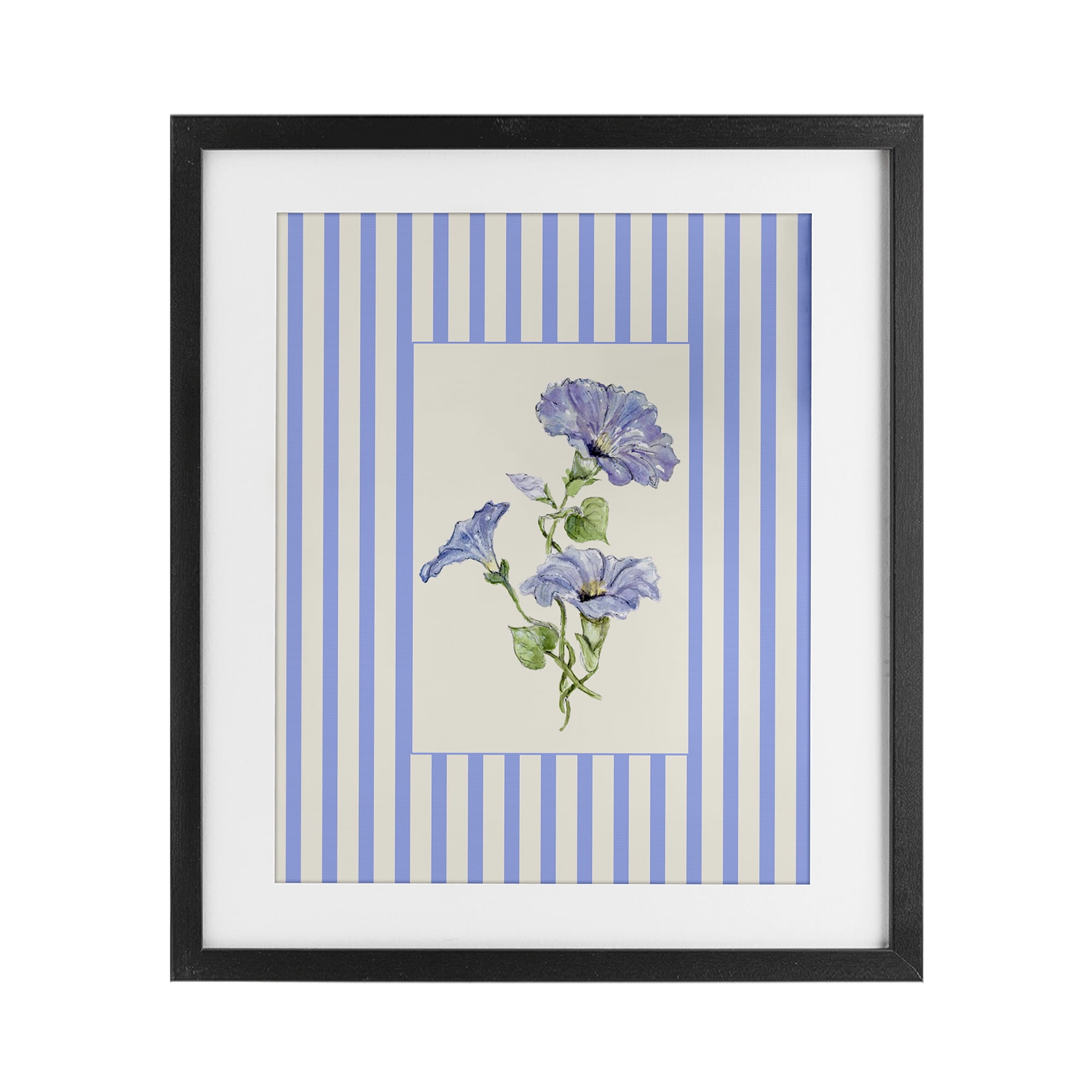 Blue Stripe Morning Glory Black Framed Print Under Glass, design by Lisa Wehmeyer