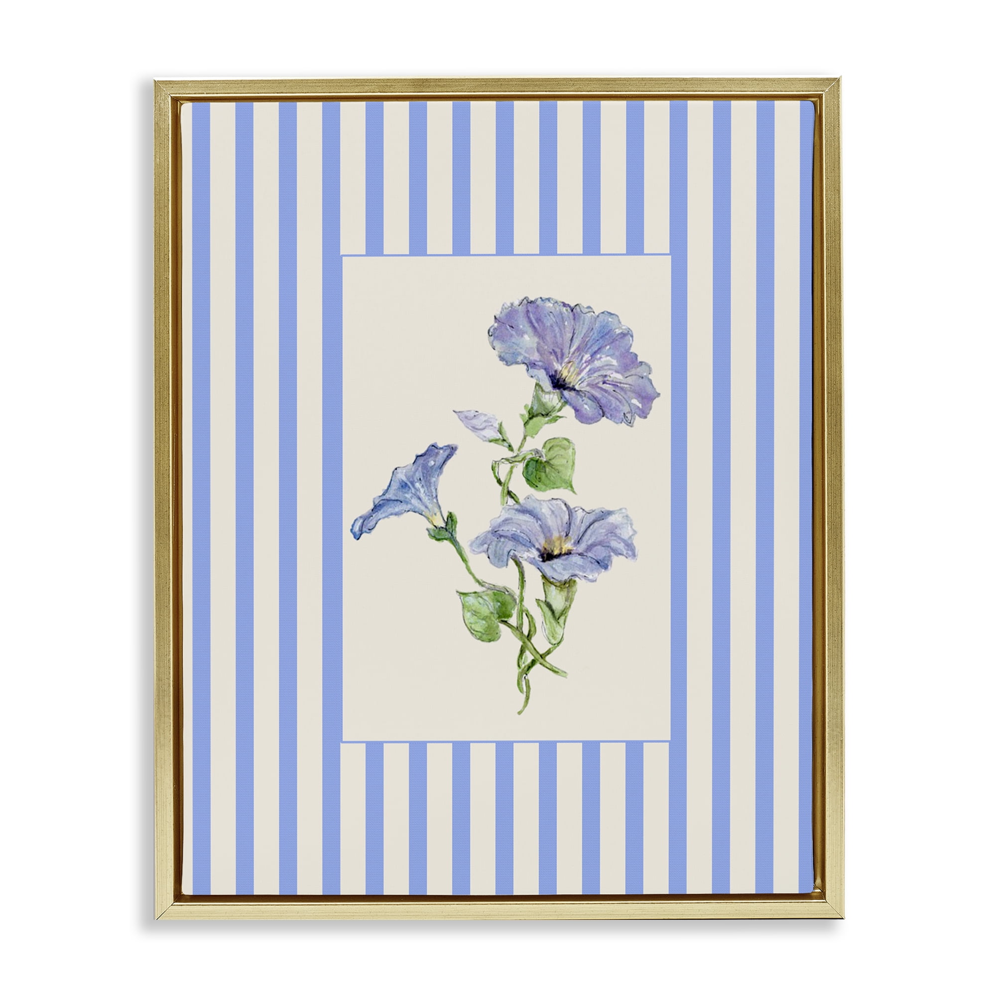 Blue Stripe Morning Glory Gold Framed Floater Canvas Wall Art, design by Lisa Wehmeyer