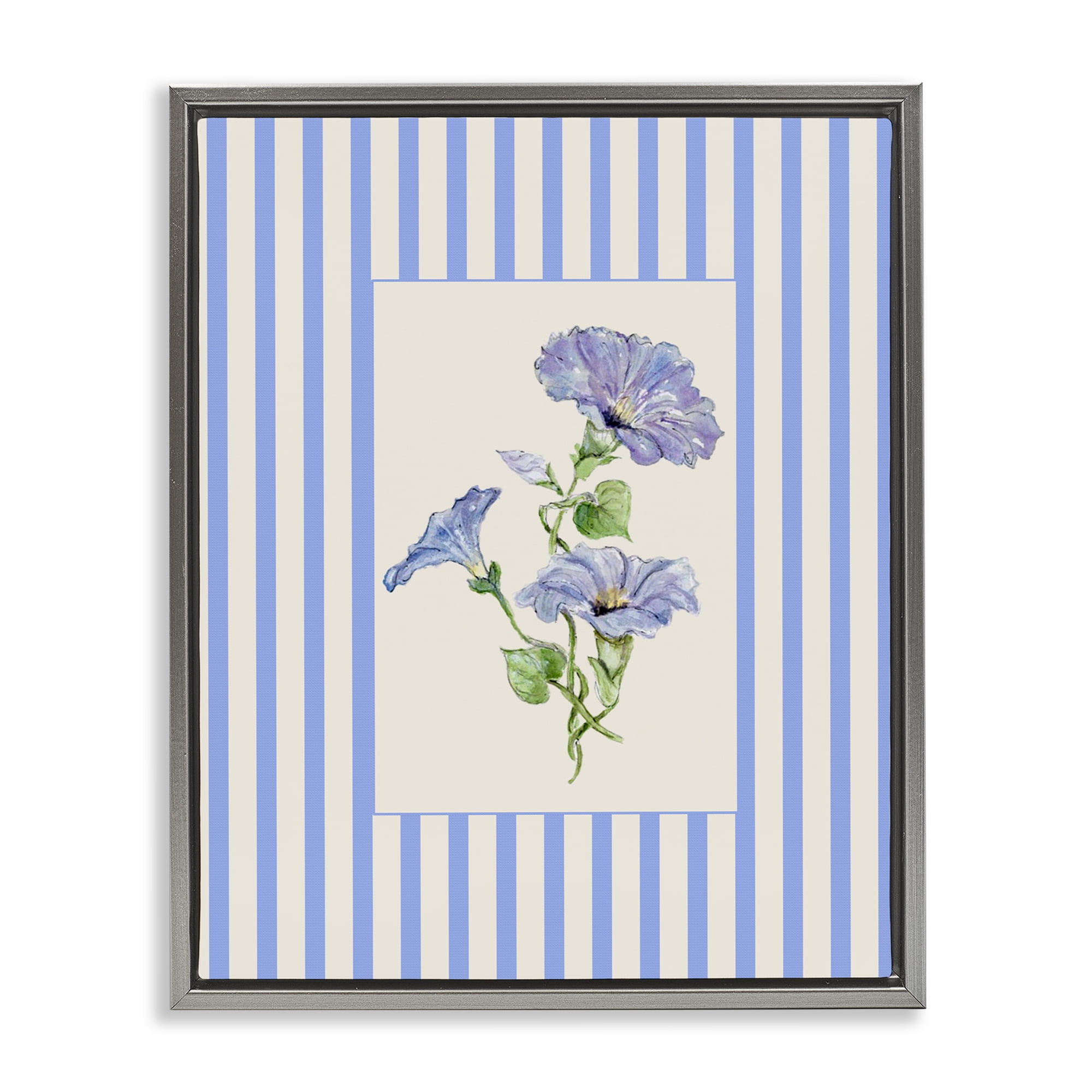 Blue Stripe Morning Glory Gray Framed Floater Canvas Wall Art, design by Lisa Wehmeyer