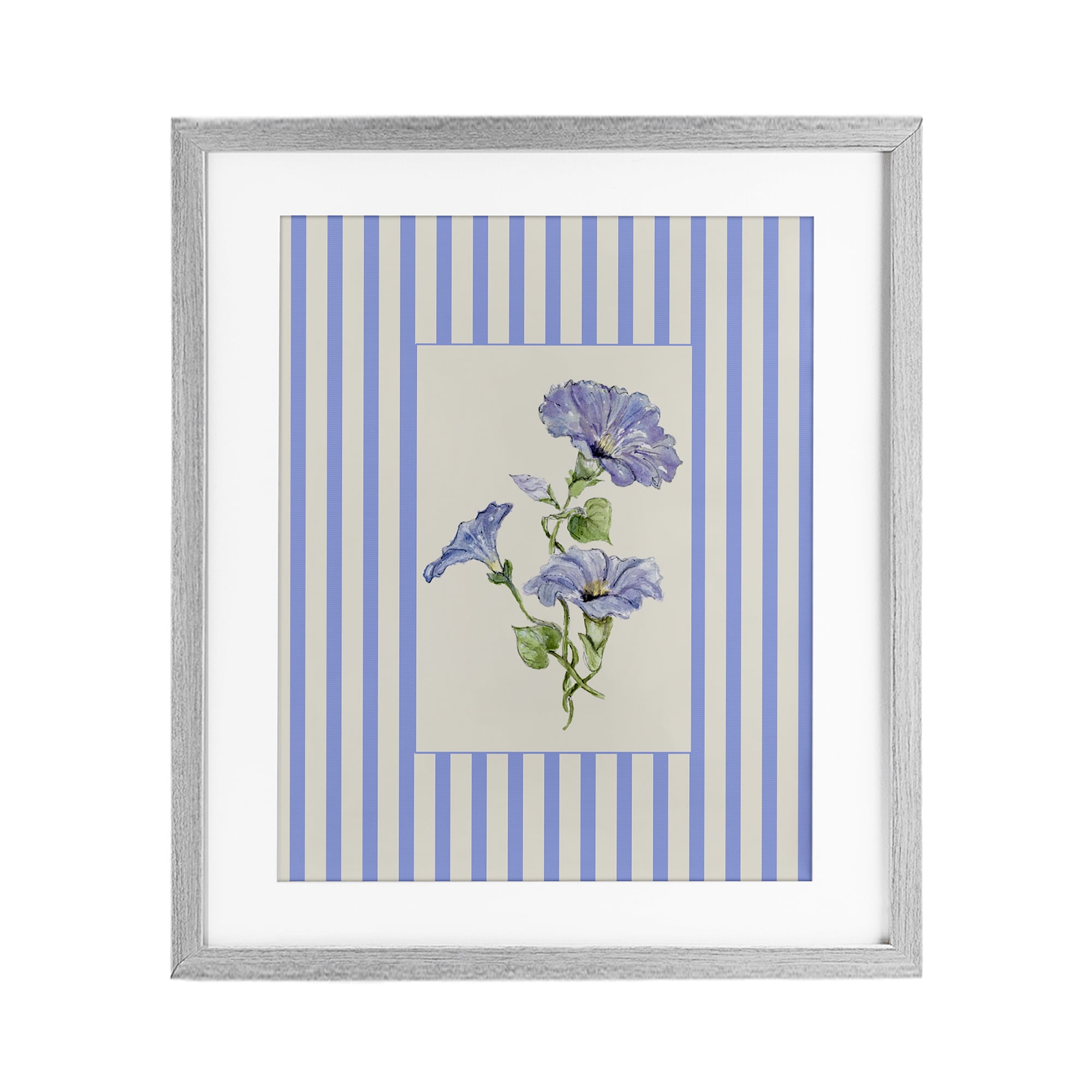 Blue Stripe Morning Glory Gray Framed Print Under Glass, design by Lisa Wehmeyer