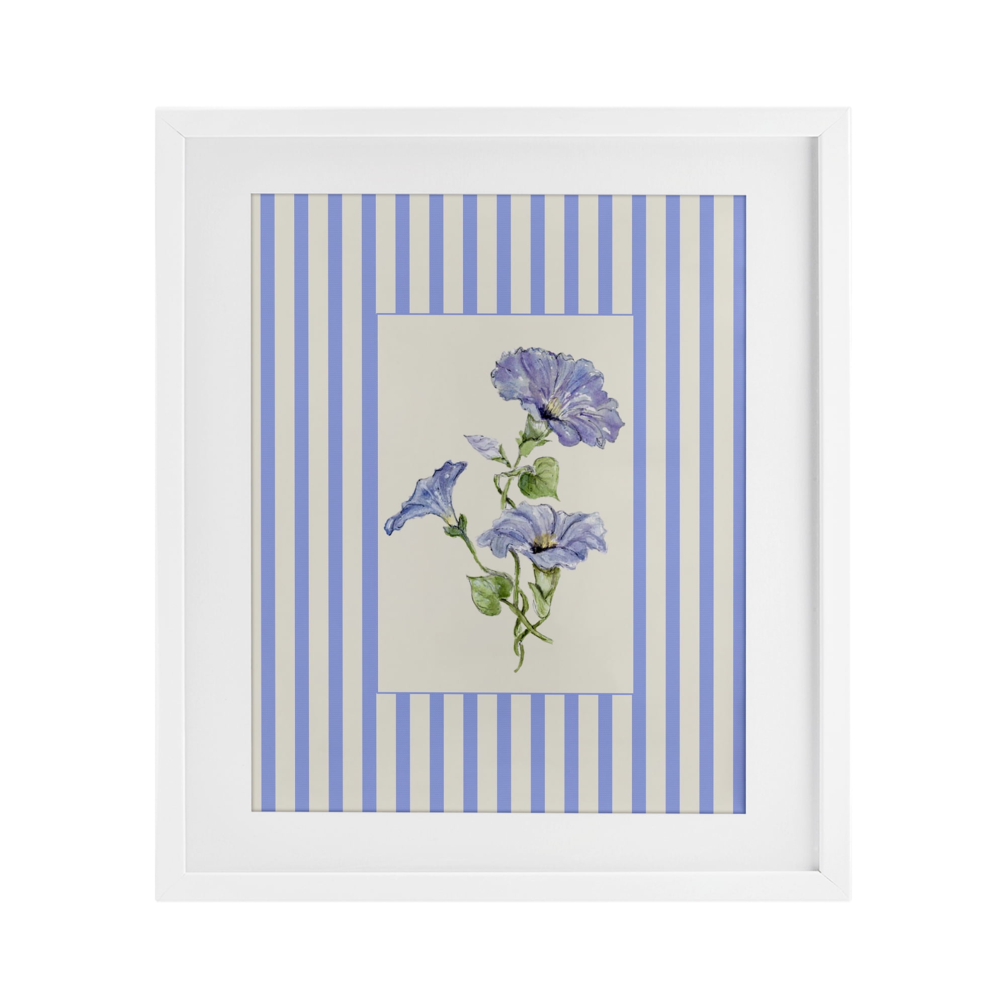 Blue Stripe Morning Glory White Framed Print Under Glass, design by Lisa Wehmeyer