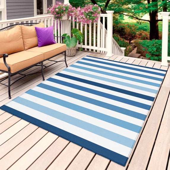 Blue Stripe Outdoor Rug for Patio/Deck/Porch, Non-Slip Large Area Rug 6 x 9 Ft, Ombre Geometric Farmhouse Vertical Striped Indoor Outdoor Rugs Washable Area Rugs, Reversible Camping Rug Carpet Runner