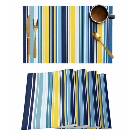 Blue Stripe Placemats Set of 4, Yellow Colorful Striped Modern Abstract Placemats for Dining Table, Place Mats for Kitchen Tabletop, Waterproof Wipeable Dining Table Mats Set