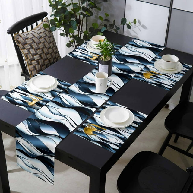 Blue Stripe Placemats Set of 6 with 72 Inches Long Table Runners