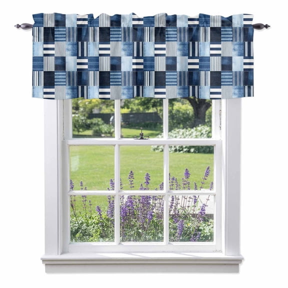 Blue Stripe Plaid Gingham Check Kitchen Valances Abstract Geometric Rod Pocket Window Valance 12 Inch Long, Window Curtain for Living Room Bedroom Laundry, 1 Panel 42x12in