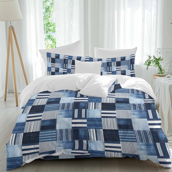 Blue Stripe Plaid Gingham Check Queen Size Bed Set,Abstract Geometric Bedding for All Seasons,4 Pcs Bed Set,1 Quiltcover(90"x92"),1 Sheet(94"x116"),2 Pillowcases(30"x20")