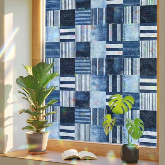 Blue Stripe Plaid Gingham Check Window Privacy Film, Rainbow Film Decorative Window Sticker 17.7x39.3in, Abstract Geometric Sun Blocking Static Stained Glass Cling Tint Non-Adhesive
