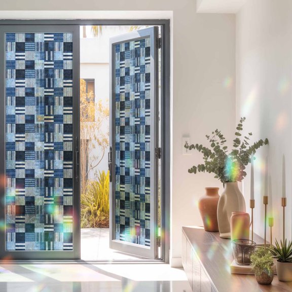 Blue Stripe Plaid Gingham Check Window Privacy Film, Rainbow Film Decorative Window Sticker 23.6x78.7in, Abstract Geometric Sun Blocking Static Stained Glass Cling Tint Non-Adhesive