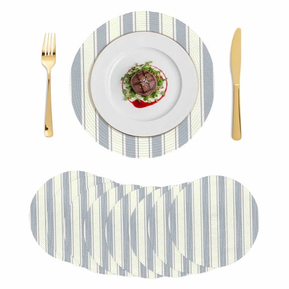Blue Stripe Round 15 Inch Placemats Set of 8, Modern Farmhouse Geometric Retro Striped HeatResistant Non Slip Place Mats for Dining Table, Wipeable Braided Kitchen Table Mats for Housewarming