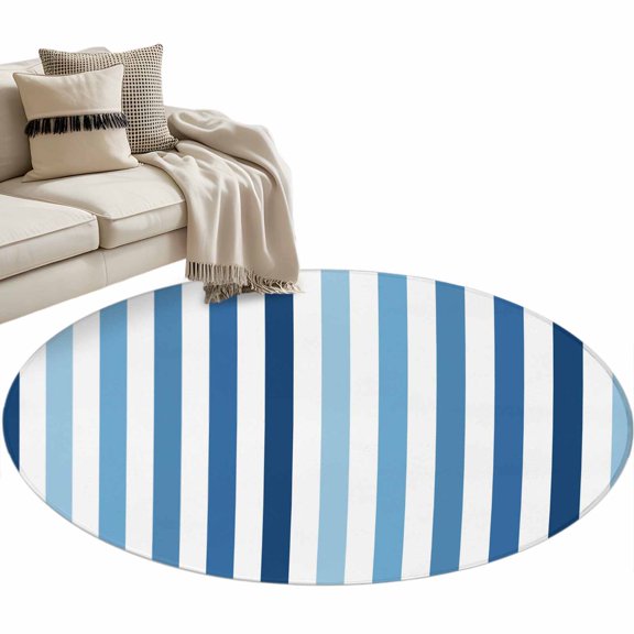 Blue Stripe Round Area Rug 3 FT,Small Kitchen Bathroom Mat,Ombre Geometric Farmhouse Vertical Striped Washable Indoor Outdoor Throw Runner Carpet Non-Shedding Doormat for Table Shower Sofa Entryway