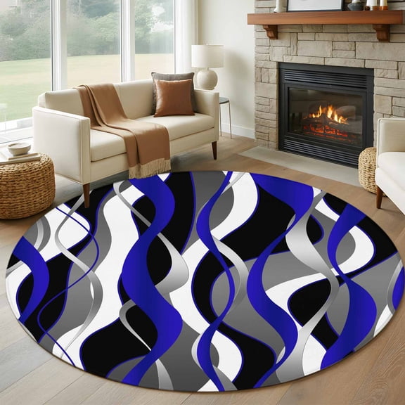 Blue Stripe Round Area Rug 5 FT, Non Slip Bedroom Area Rug, Ombre Grey Moire Geometric Modern Abstract Washable Soft Circular Carpet Non-Shedding Floor Mat for Kitchen Dining Room Foyer Balcony Dorm