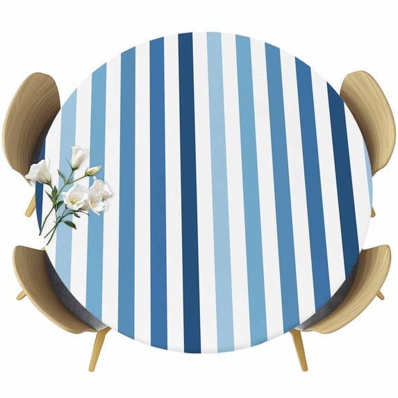 Blue Stripe Round Tablecloth, Fitted Table Cover with Elastic for 45"-54" Round Tables, Ombre Geometric Farmhouse Vertical Striped Table Cloth Outdoor Indoor Dinning Party Waterproof Tablecloths