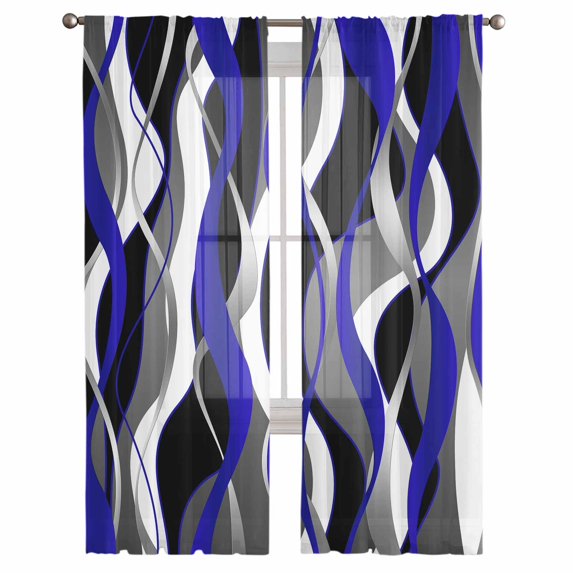Blue Stripe Semi Sheer Curtains 108 Inch Length 2 Panels Set, Ombre Grey Moire Geometric Modern Abstract Sheer Kitchen Curtain Privacy Voile Window Curtain for Living Room Bedroom Rod Pocket Drapes