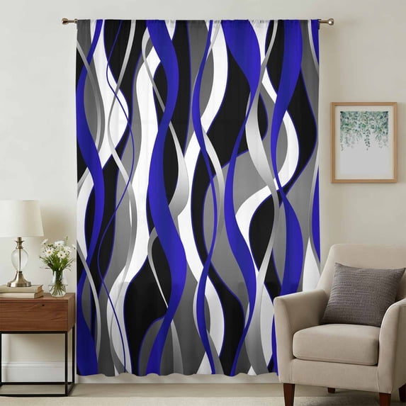 Blue Stripe Sheer Curtains 72 Inches Long, Ombre Grey Moire Geometric Modern Abstract Light Filering Curtains, Breathable Simi Curtain Privacy Drapes for Living Room Bedroom Window Treatment