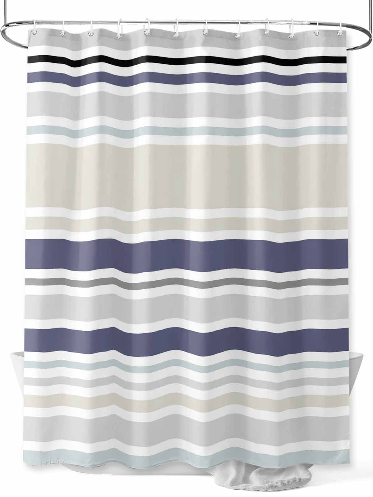 Blue Stripe Shower Curtain Set with Hook Washable Cloth Polyester