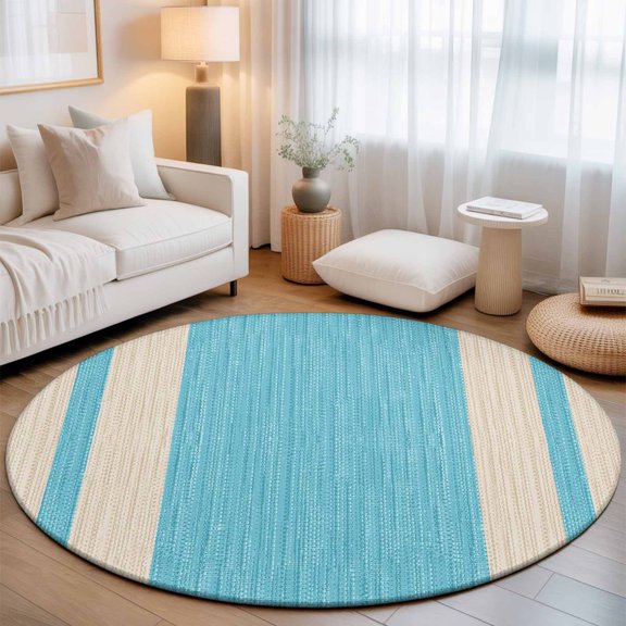 Blue Stripe Small Round Rug 3Ft Modern Geometric Classic Linear Slub Fabric Texture Area Rugs Washable Non Slip Indoor Floor Mats Circle Carpet for Living Room Bedroom Dining Room Home Decor