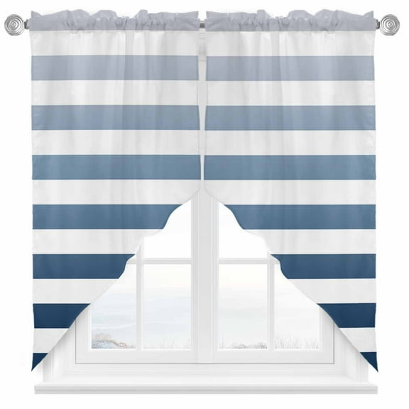 Blue Stripe Swag Valances for Windows 2 Pack Gradient Swag Kitchen Curtains 36 Inches Long Rod Pocket Short Window Treatment for Kitchen Bathroom 36"x36"