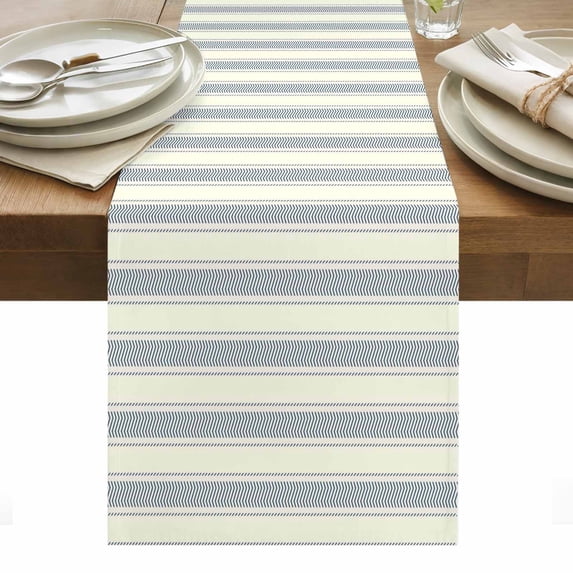 Blue Stripe Table Runner - 70 Inch Long, Kitchen Dining Table Runner Dresser Scarves, Modern Farmhouse Geometric Retro Striped Farmhouse Decor for Coffee Tables Wedding Party Banquet