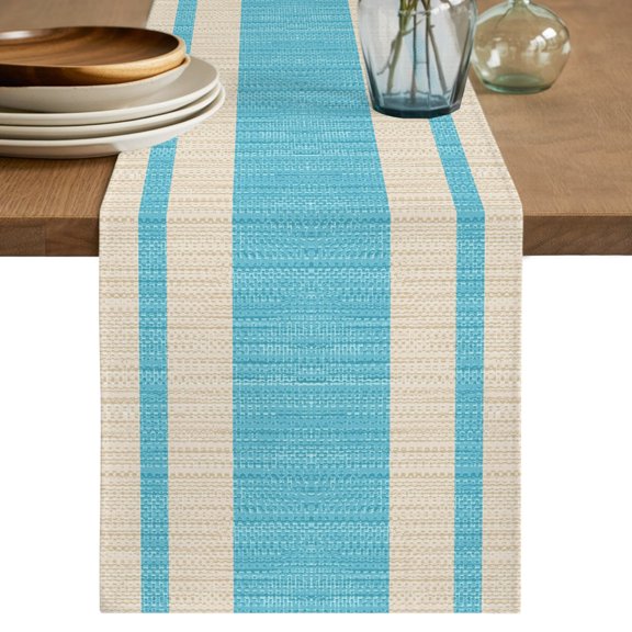 Blue Stripe Table Runner, Modern Geometric Classic Linear Slub Fabric Texture Cotton Linen Table Cloth, Tablerunner for Kitchen Dining Party Wedding Home Decor 13x36 Inch