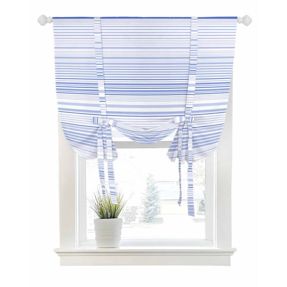 Blue Stripe Tie Up Curtains for Window, Thermal Insulated Balloon Shade Adjustable Rod Pocket Curtains Valance Panels for Kitchen Bathroom Cafe 42 x 54 Abstract Art Modern Vertical Striped