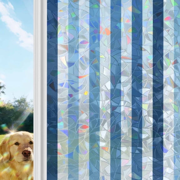 Blue Stripe Window Privacy Film Stain Glass,Reusable Decorative Rainbow Window Film,Ombre Geometric Farmhouse Vertical Striped Static Cling Sun Blocking Stickers Decals Covers 17.7" x 39.3" (2pcs)