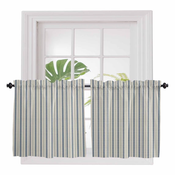 Blue Striped 2 Panel Kitchen Curtains for Small Windows, Modern Stripes Vintage Beige Minimalist Bathroom Tier Curtain, Short Window Treatment for Bedroom/Living Room 55"x36"