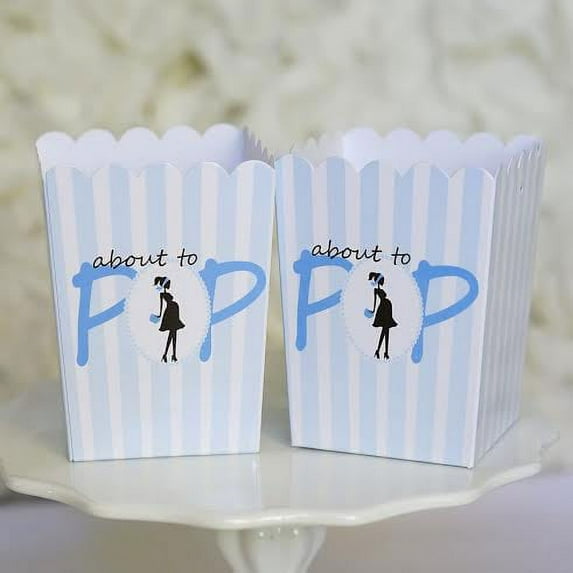 Blue Striped About to Pop Baby Shower Boxes It's a Boy Popcorn Favor Ready to Pop- Set of 10