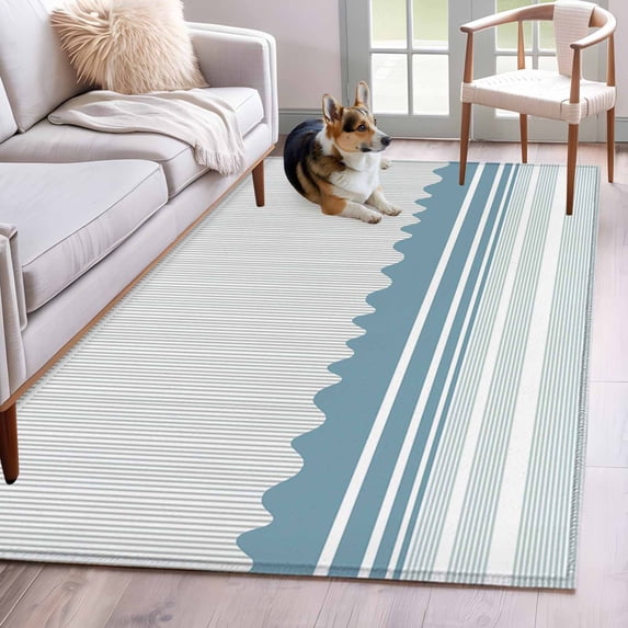 Blue Striped Area Rugs 4'x6', Washable Small Throw Rugs for Office Bathroom, Abstract Modern Geometric Stripes Indoor Outdoor Rug Non-Slip Low Pile Carpet Runner Reversible Floor Mats