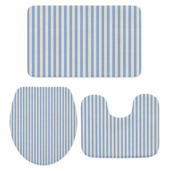 Blue Striped Bath Mat 3 Piece Bathroom Rug Set, Modern Simple Farmhouse Beige Vintage Non Slip Bath Rug Contour Mat and Toilet Lid Cover, Absorbent Shower Mats Soft Bath Rugs and Mats Sets