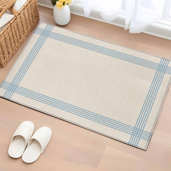 Blue Striped Bathroom Mats 2x3 FT, Non Slip Small Kitchen Mat, Farmhouse Beige Geometric Minimalist Washable Soft Backed Front Door Throw Rugs Non-Shedding Indoor Outdoor Doormat for Entryway Sink