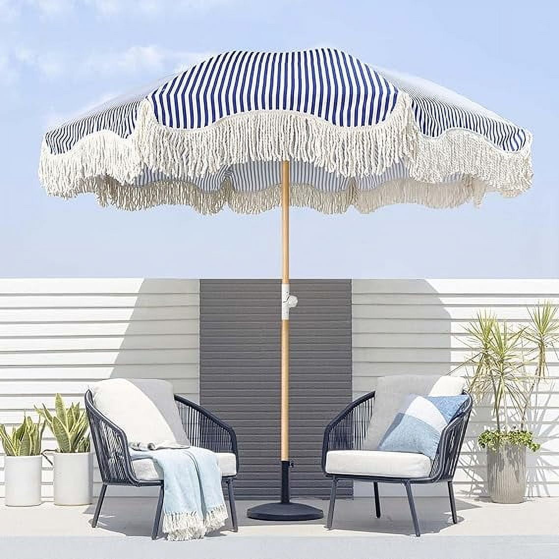 Blue Striped Beach Umbrella With Fringe 6ft Boho Patio Umbrella With Tassels Table Umbrella ...