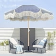 thumbnail image 1 of Blue Striped Beach Umbrella With Fringe 6ft Boho Patio Umbrella With Tassels Table Umbrella Outdoor Patio UPF50+ Tilt Outdoor Umbrellas For Holiday Lawn Garden Pool With Carry Bag, 1 of 6