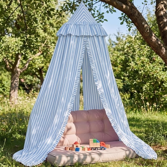 Blue Striped Bed Canopy with Ruffles, Soft Cute Decorative Tent, Hanging Bed Curtains for Reading Nook Play Area, Adult Bedroom Circus Tent Canopy