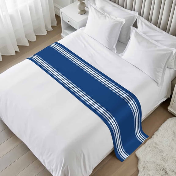 Blue Striped Bed Runner, Satin Bed Throw Runner for Twin Size Beds, Farmhouse Blue White Stripes Decorative Bedding Dresser Scarf for Foot of Beds Sofa Cabinet End Table 71"x20"