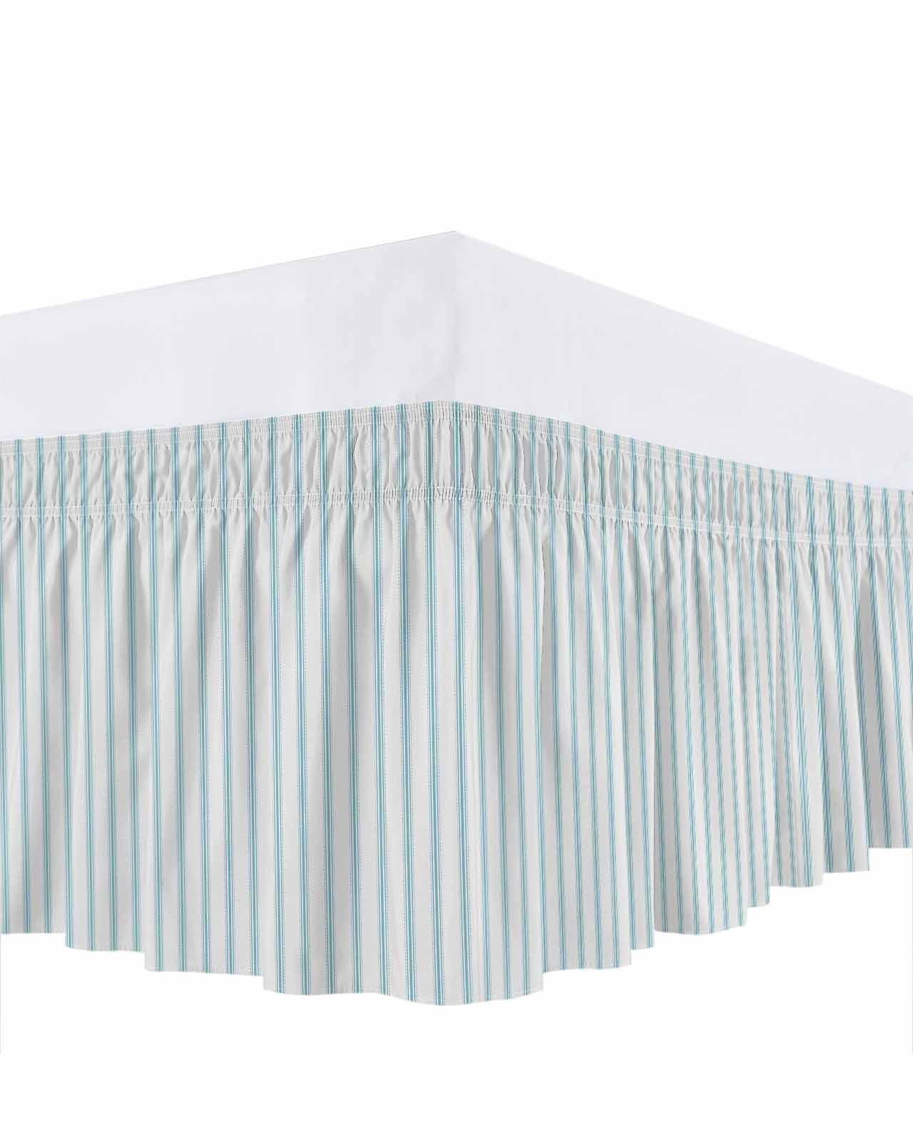 Blue Striped Bed Skirt King Size, Blue White Stripes Farmhouse Wrap Around Bed Skirting with Adjustable Elastic Strap, Dust Ruffled Pleated Bedskirts 18 Inch Drop for Bedroom King Beds