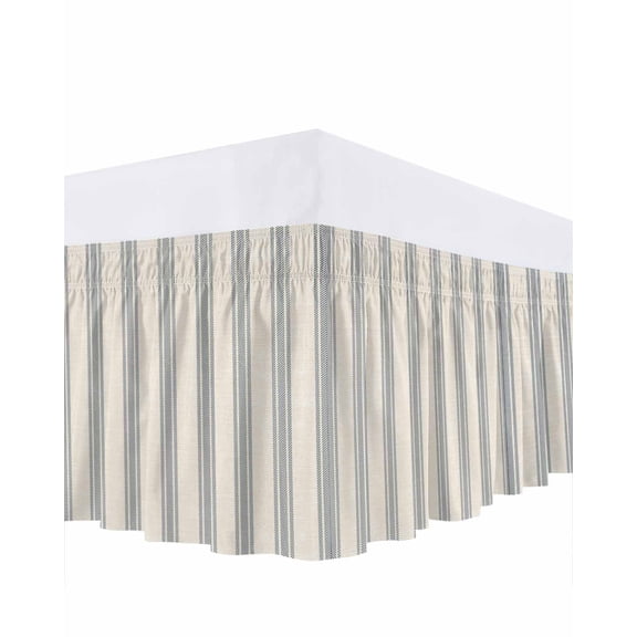 Blue Striped Bed Skirt Queen Size, Modern Farmhouse Stripes Rustic Wrap Around Bed Skirting with Adjustable Elastic Strap, Dust Ruffle Pleated Bedskirts 16 Inch Drop for Bedroom Queen Beds