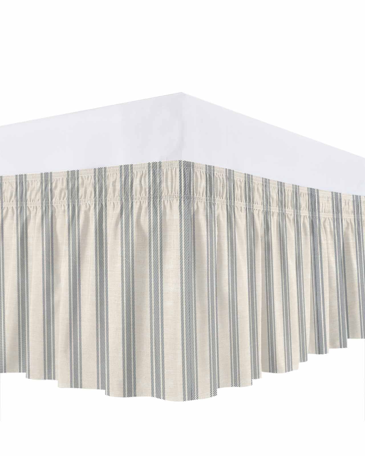Blue Striped Bed Skirt Queen Size, Modern Farmhouse Stripes Rustic Wrap Around Bed Skirting with Adjustable Elastic Strap, Dust Ruffle Pleated Bedskirts 16 Inch Drop for Bedroom Queen Beds