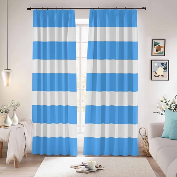 Blue Striped Blackout Curtains for Bedroom/Living Room, Pinch Pleated Black Out Curtains, Modern Simple Monochrome Geometric White Room Darkening Window Drapes with Hooks 2 Panels, 59"x70"
